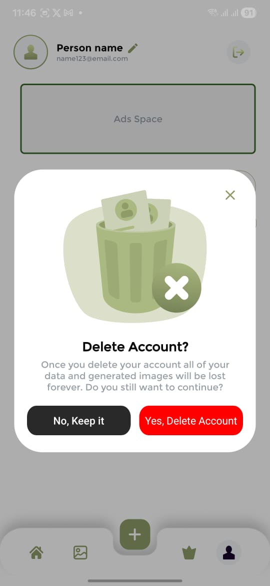 Delete account confirmation dialog